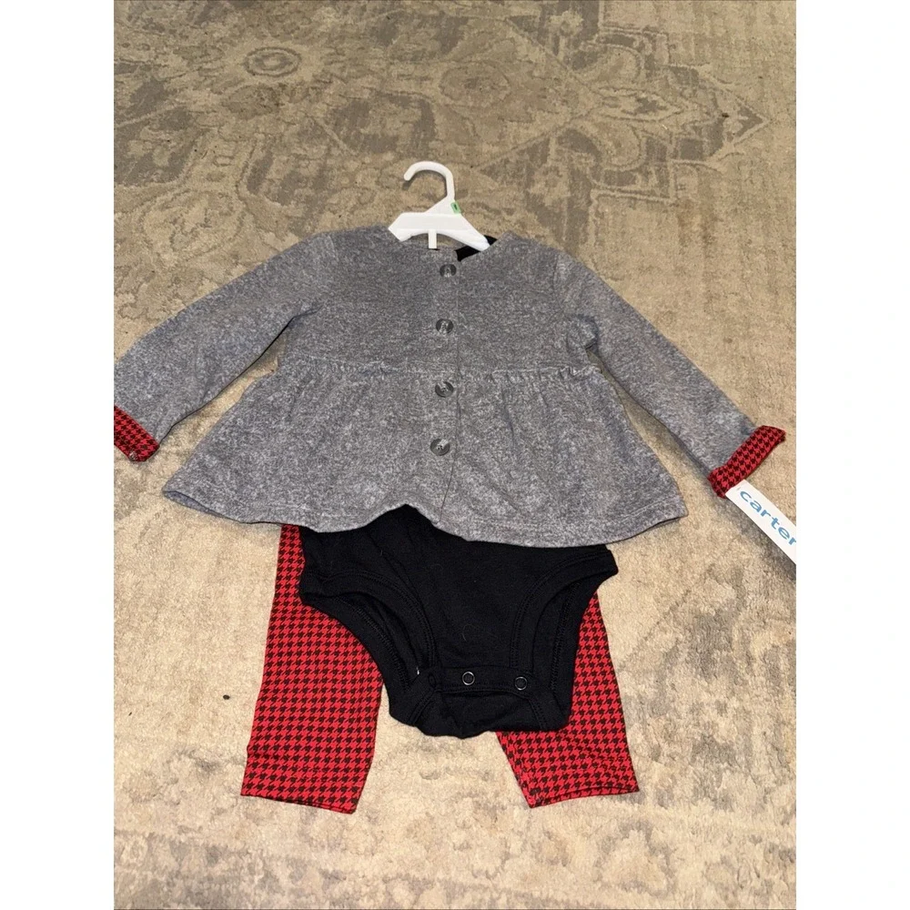 New Carter's‎ Girl 18 Months 18M Baby gray Black Red 3-piece Outfit Pants Shirt